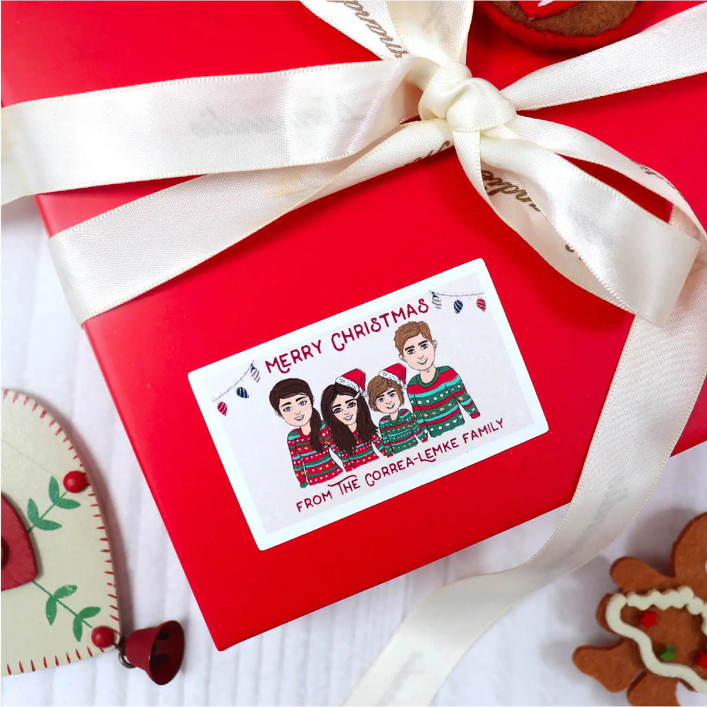 Christmas sticker tags with personalised family cartoon wearing Xmas jumpers and santa hats
