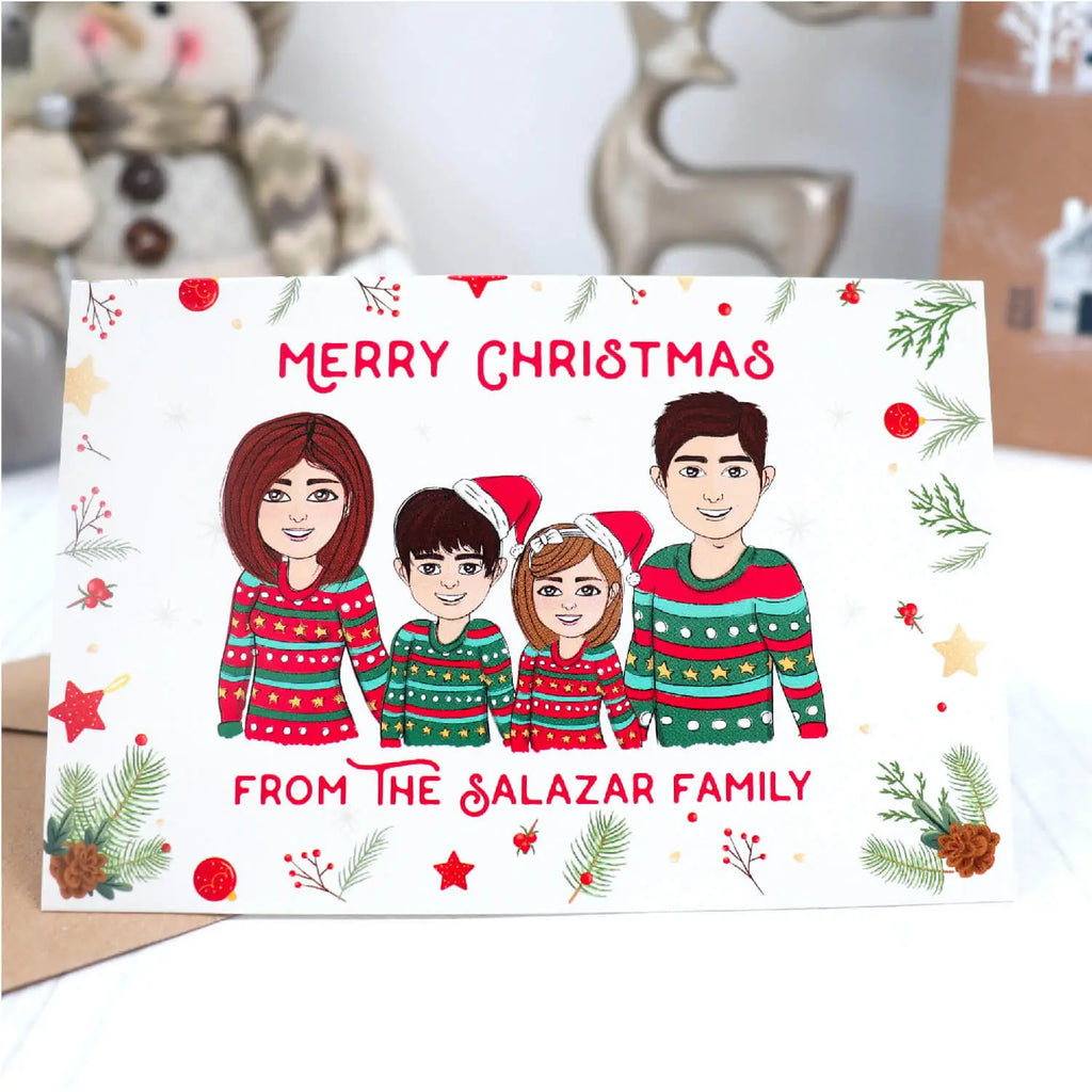 A custom xmas card with customised family cartoon wearing christmas jumpers and santa's hats 