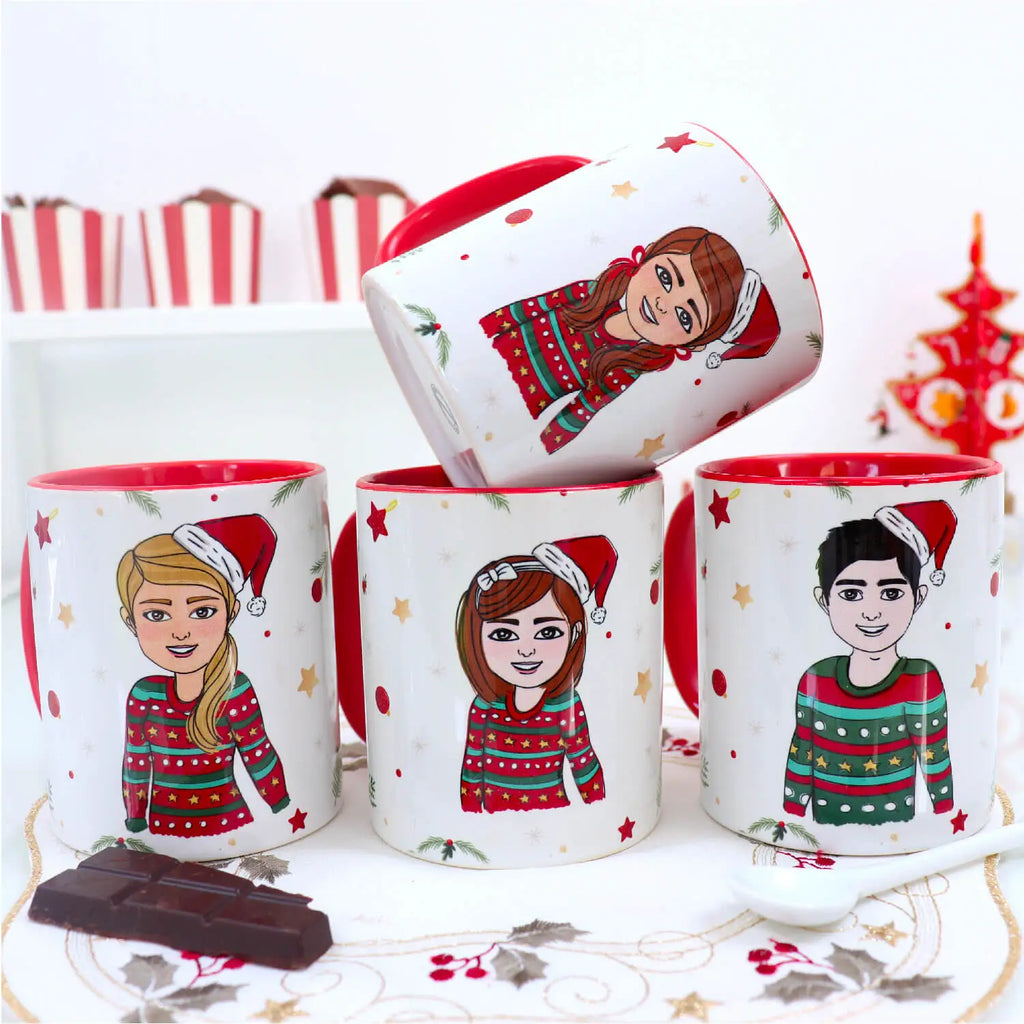 Christmas mug set of 4 with red handle and inner customised with family members' cartoons wearing Christmas jumpers and santa hats 