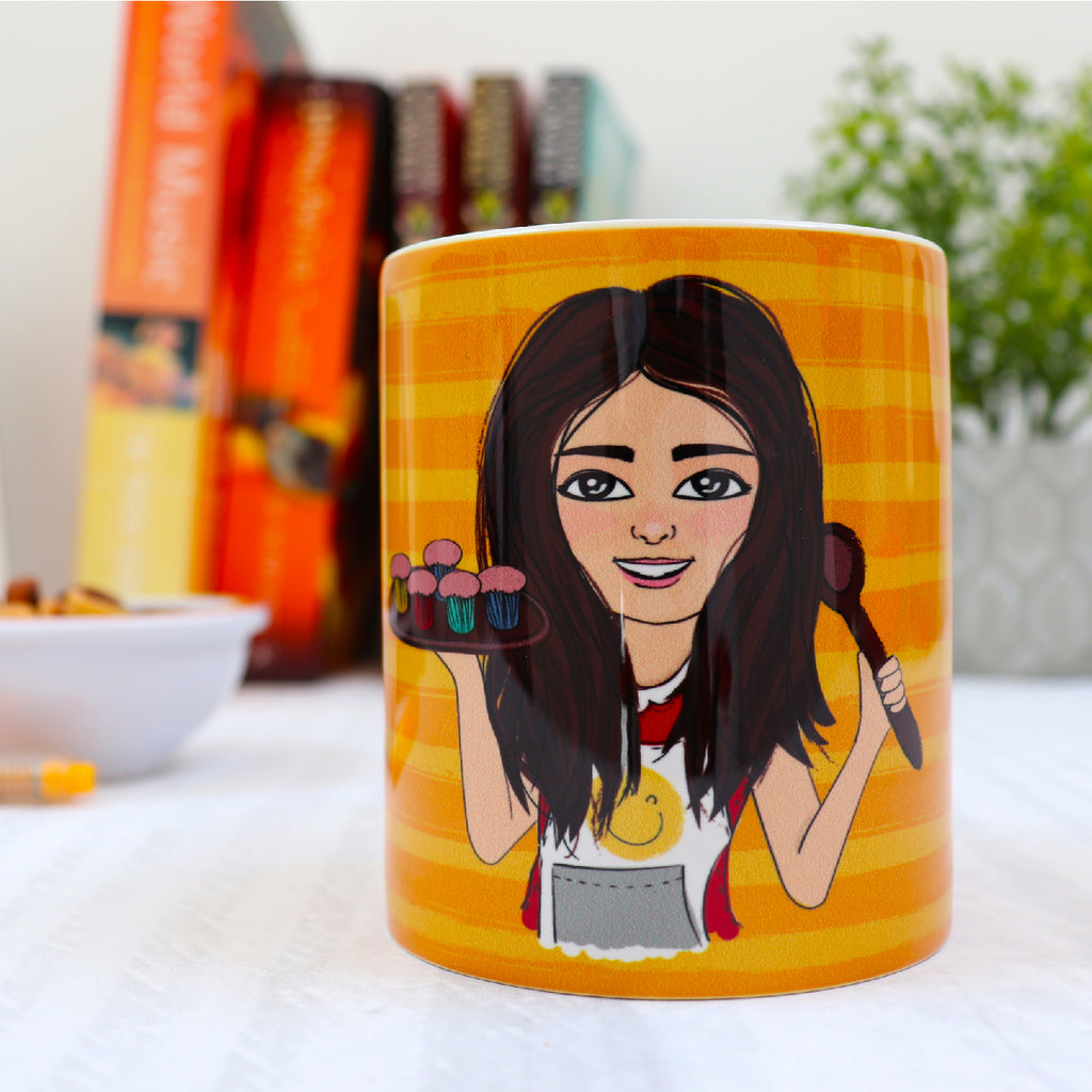 Customised mug with personalised cartoon baking with orange stripes pattern