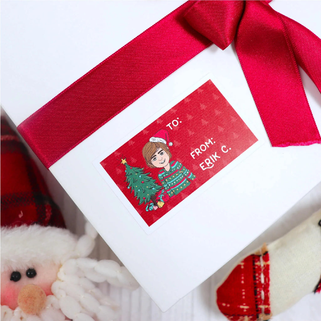 Personalised Christmas gift tag with customised cartoon in red Christmas tree pattern