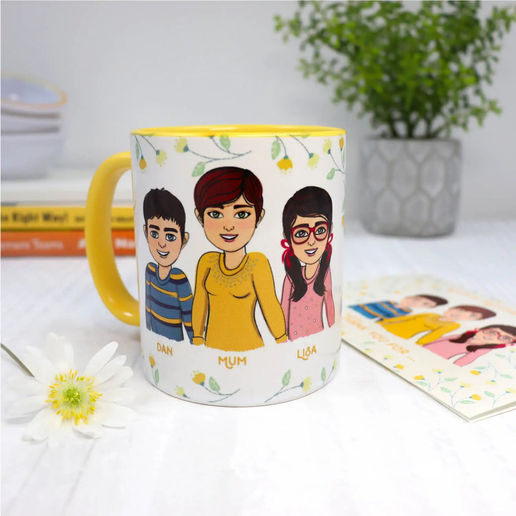 personalised mother's day mug with customised mum and children cartoons in a yellow flowers background