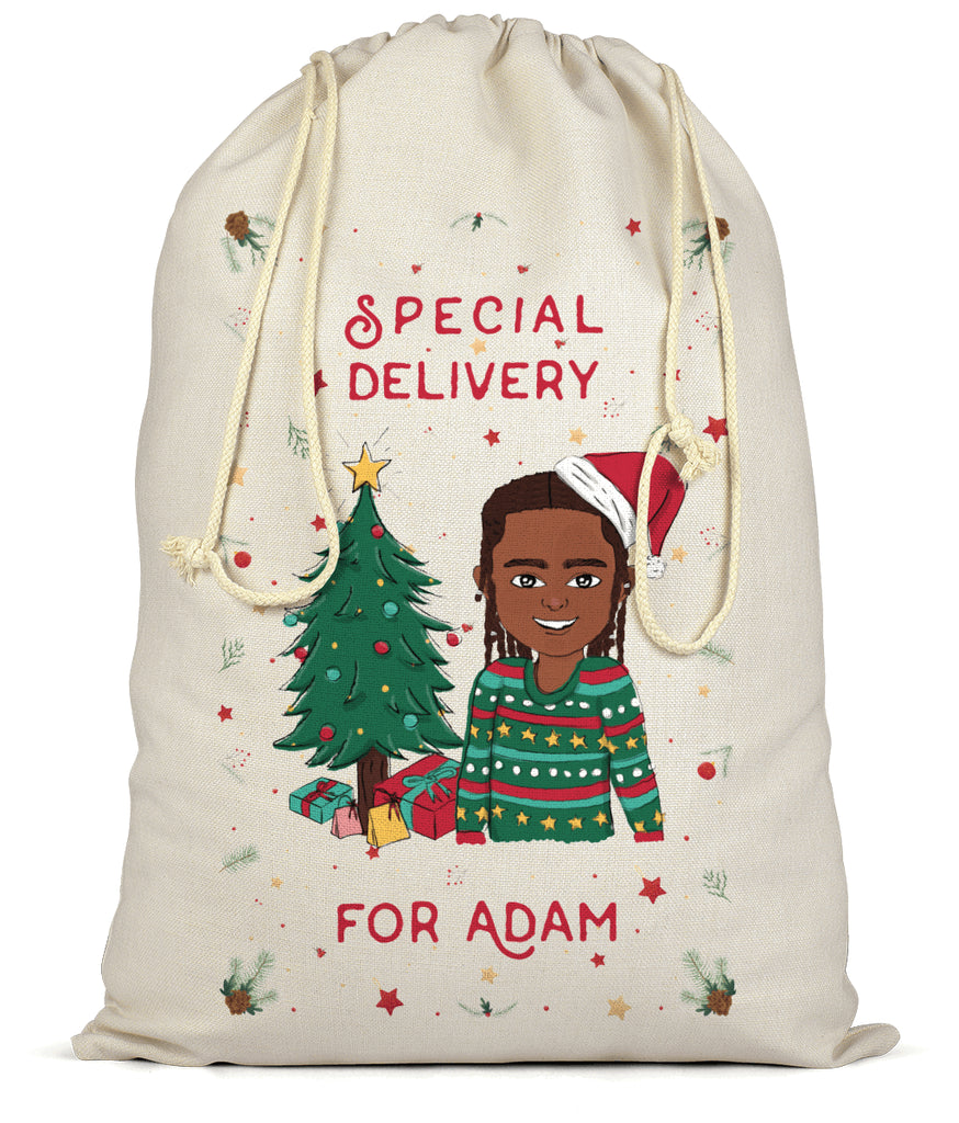 Large santa sack personalised with a customised cartoon of the children wearing a xmas jumper. It also has text saying "Special Delivery for Adam"