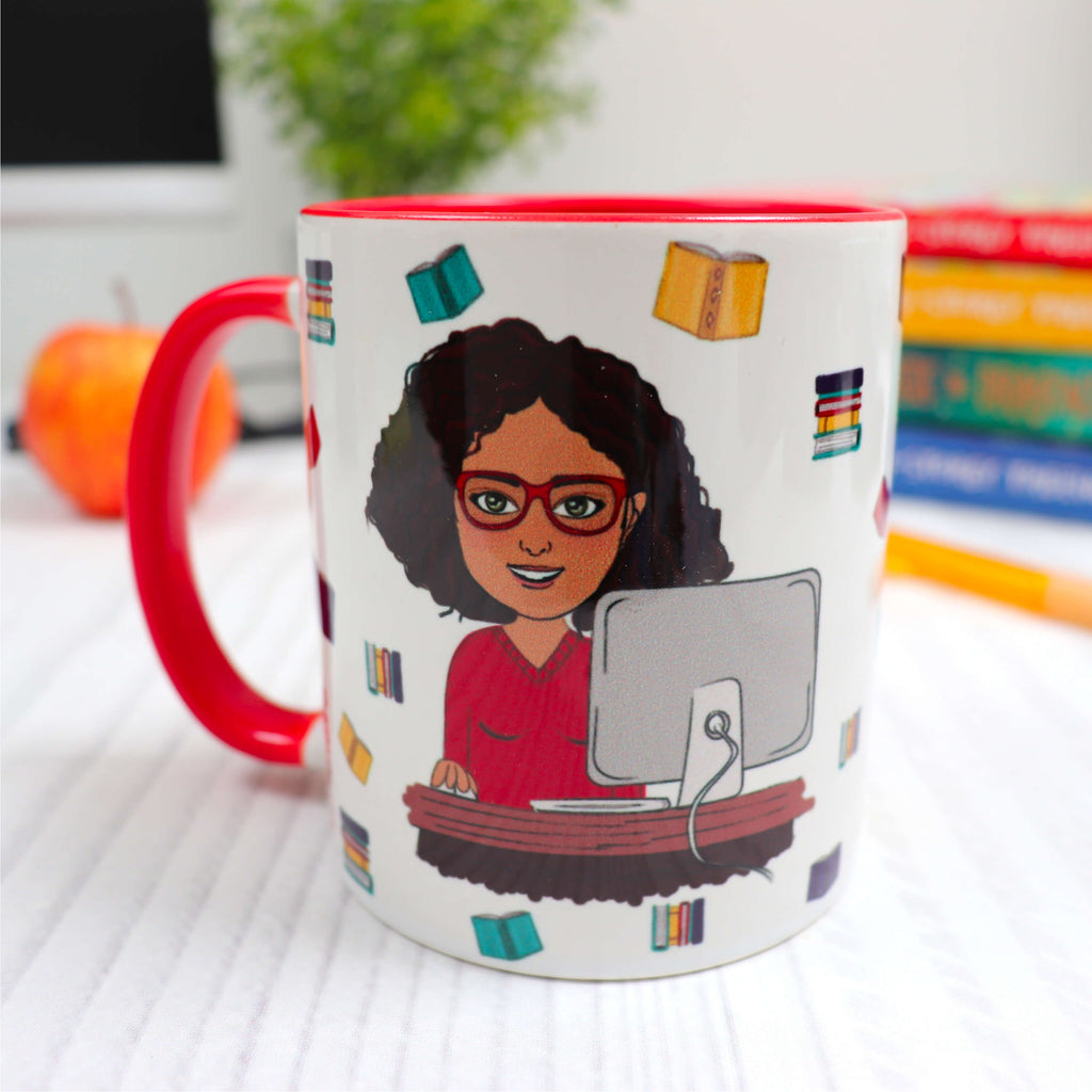 Personalised teacher mug with customised cartoon using computer in colourful books pattern