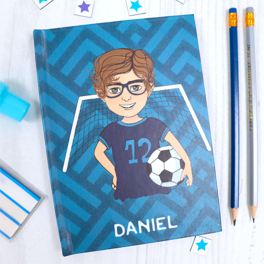 Personalised A5 notebook with customised football theme cartoon in blue diamond pattern