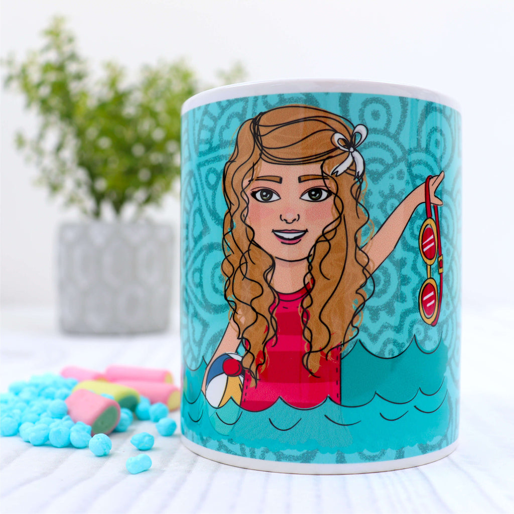 Personalised mug with customised swimming theme cartoon in aqua pattern