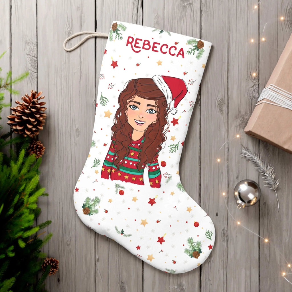 Children's Christmas stocking personalised with a customised cartoon wearing a xmas jumper and santa hat, with a chrismassy background and name