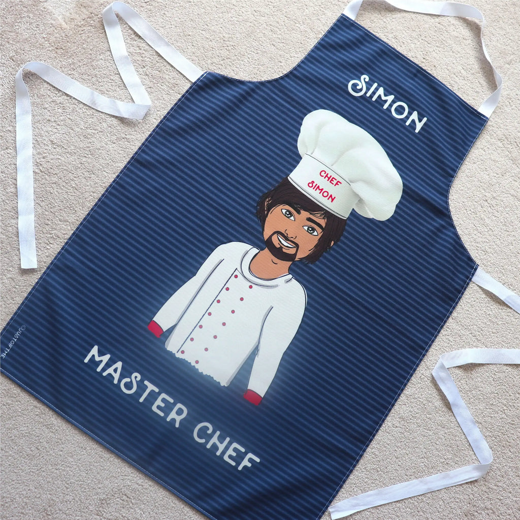 Personalised striped blue cooking apron for men with a customised caracter with chef outfit and master chef text