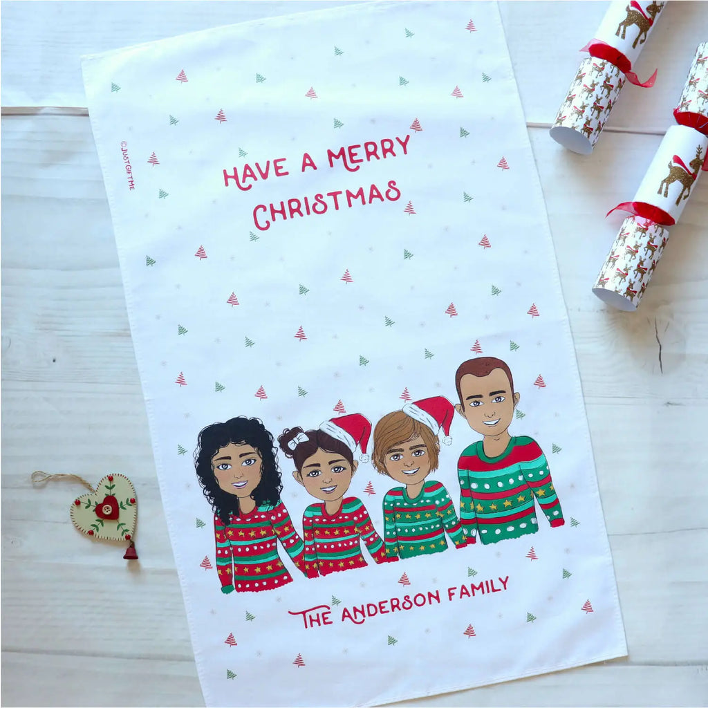 Christmas kitchen towel personalised with customised family cartoon wearing xmas jumpers and santa hats