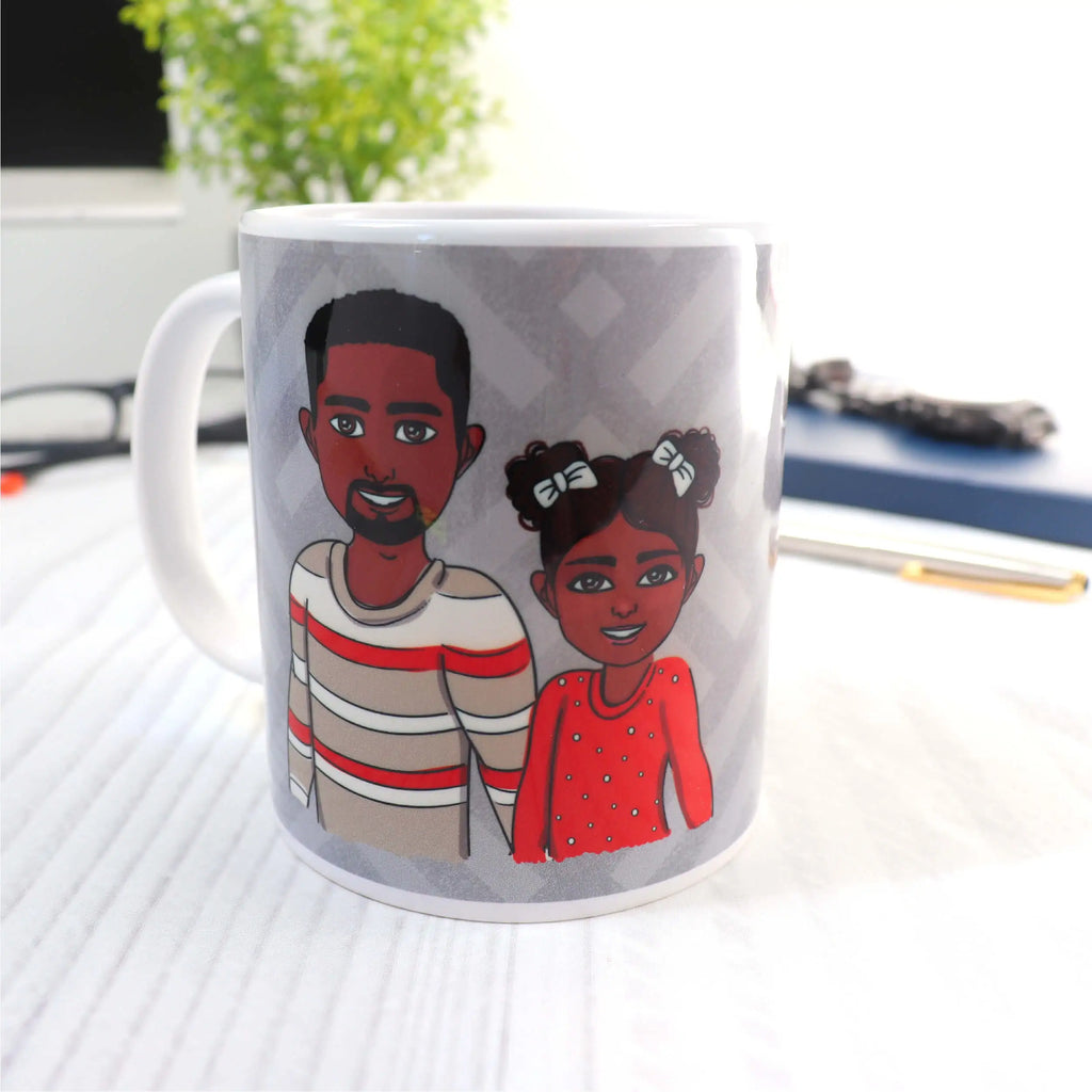 Personalised grey mug with customised dad and daughter cartoons 