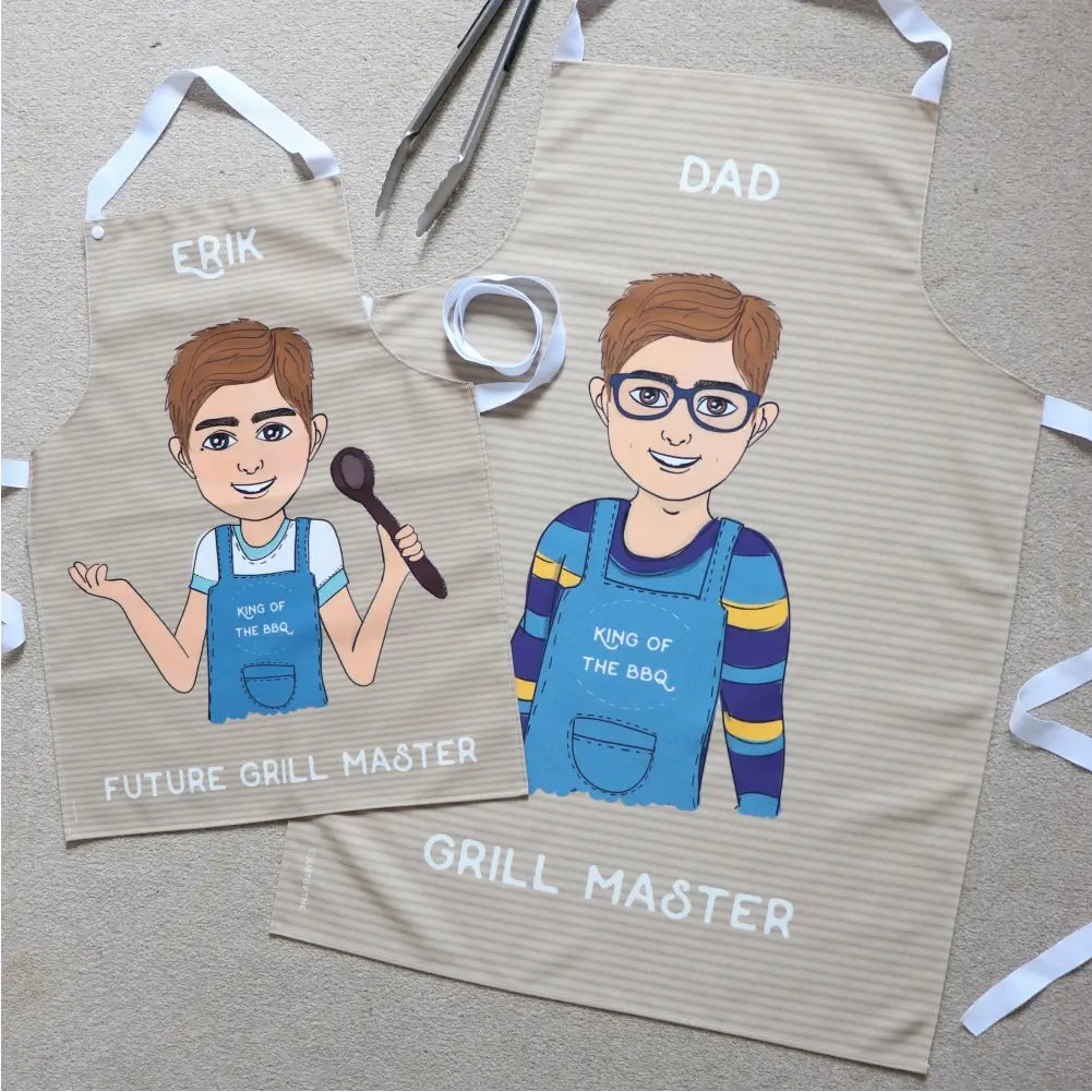 Personalised apron set for dad and son with customised cartoons in striped nude background and white text