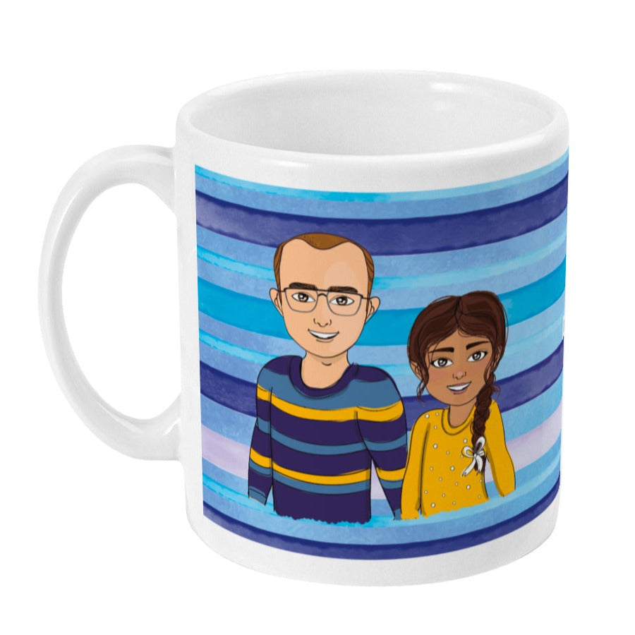 Personalised blue striped mug with customised dad and daughter cartoons