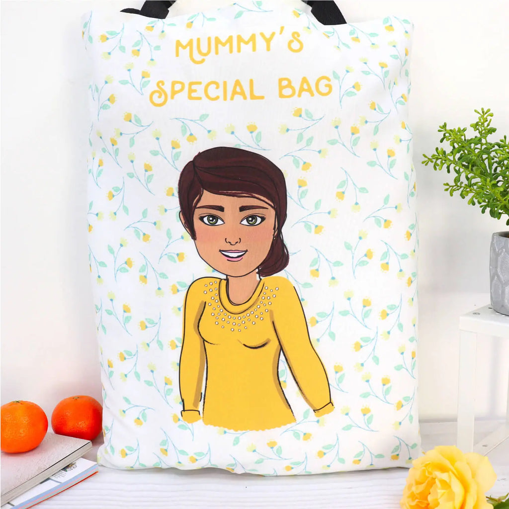 Personalised Large Fabric Shopping Bag with Customised Cartoon in yellow flowers pattern