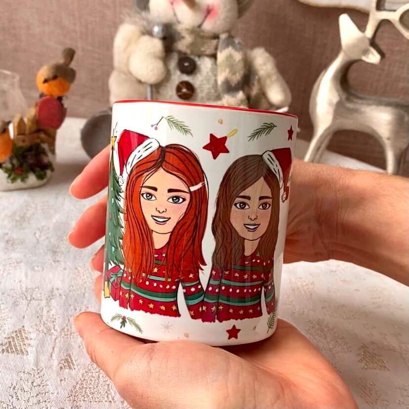 Best friends Christmas Mug with personalised cartoons wearing christmas outfits on pine cone pattern