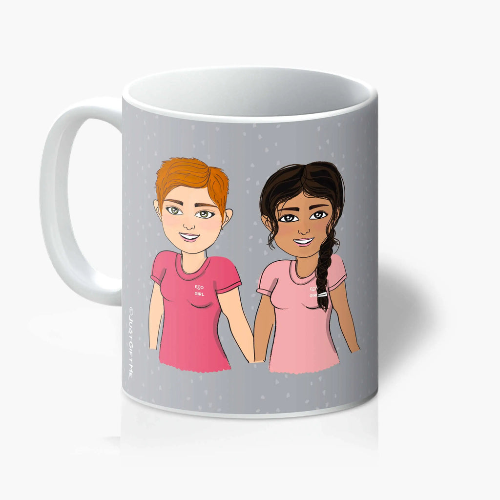Personalised best friend mugs with customised friends cartoons in a light grey pattern background