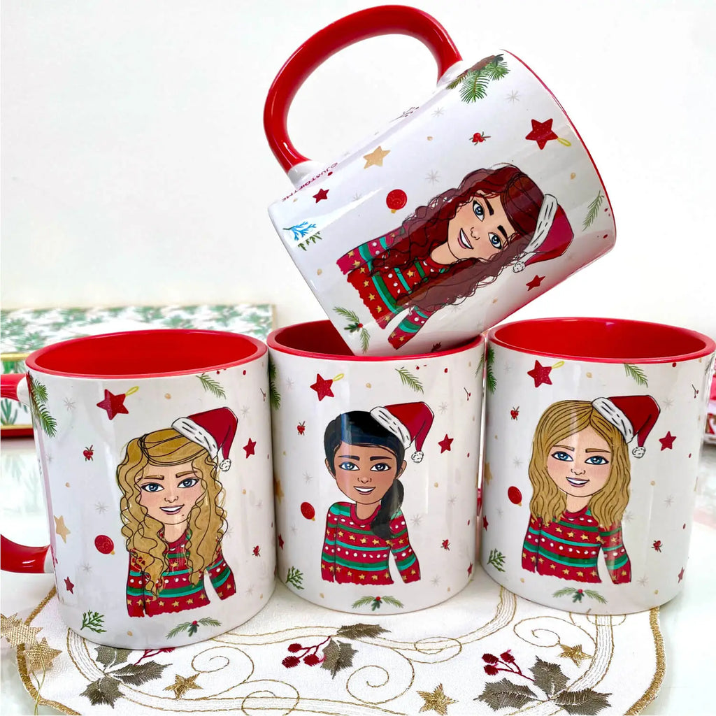 Festive mugs personalised with customised friends cartoons wearing a Christmas jumper and Santa's hat 