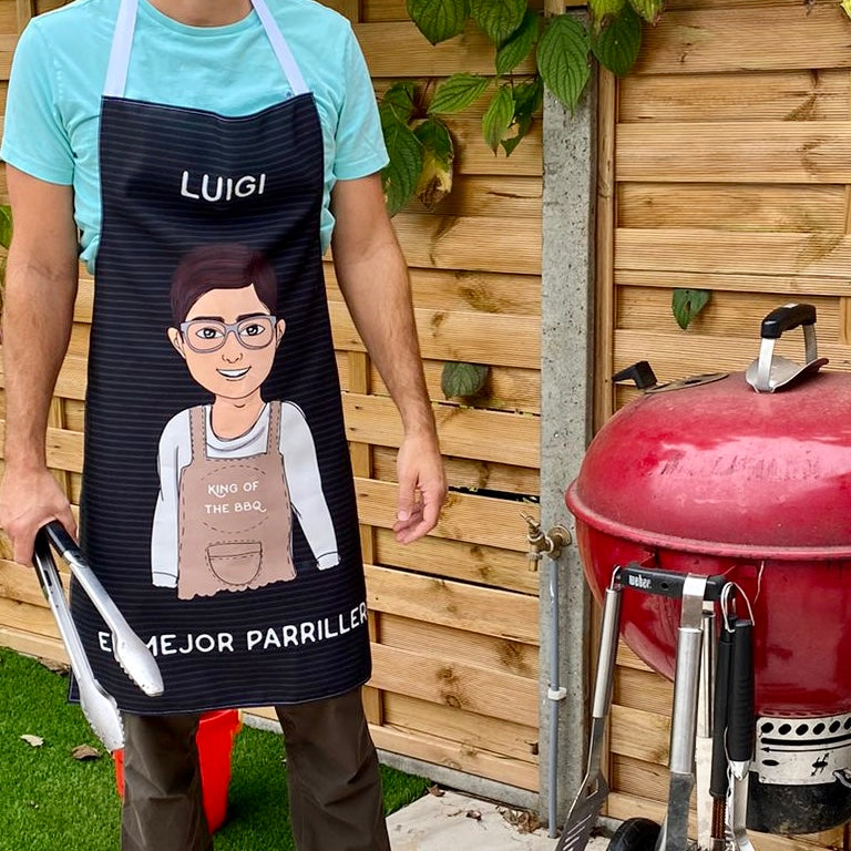 Personalised black BBQ apron for men with a customised avatar and text