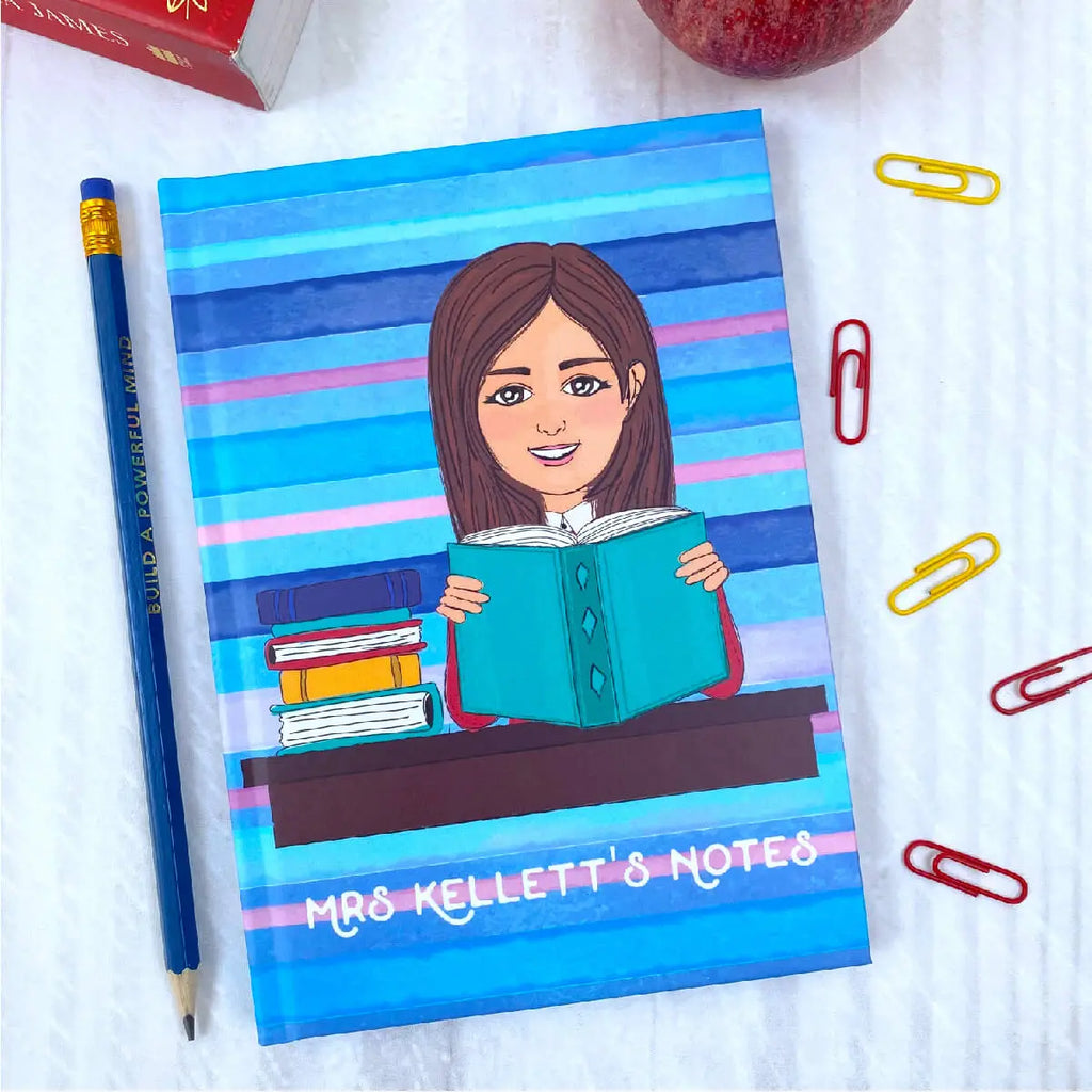 Personalised notebook with customised cartoon reading and blue striped background
