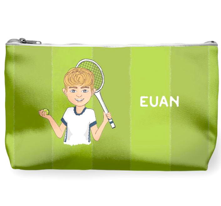 Personalised wash bag with customised tennis theme cartoon on grass background