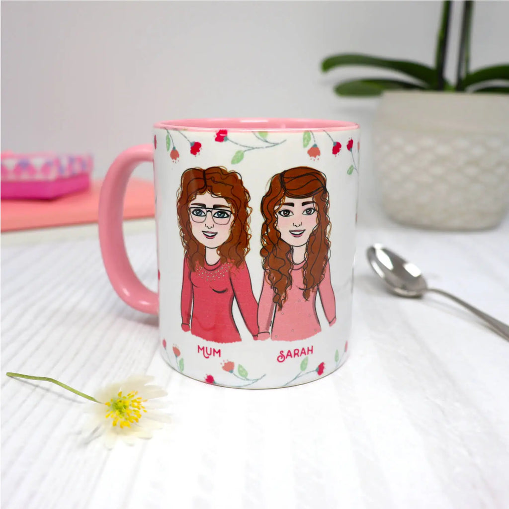 Personalised mum and daughter mug with customised cartoons in pink flowers pattern