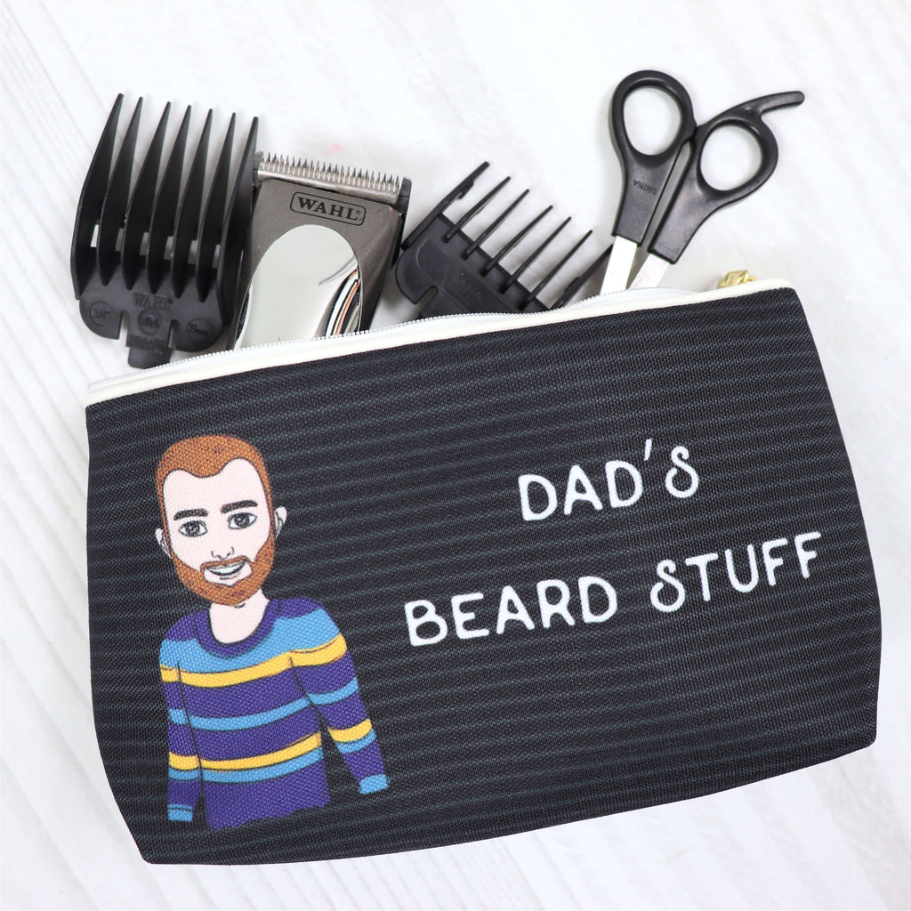 Personalised cosmetic bag for men with a customised cartoon in a black stripe pattern