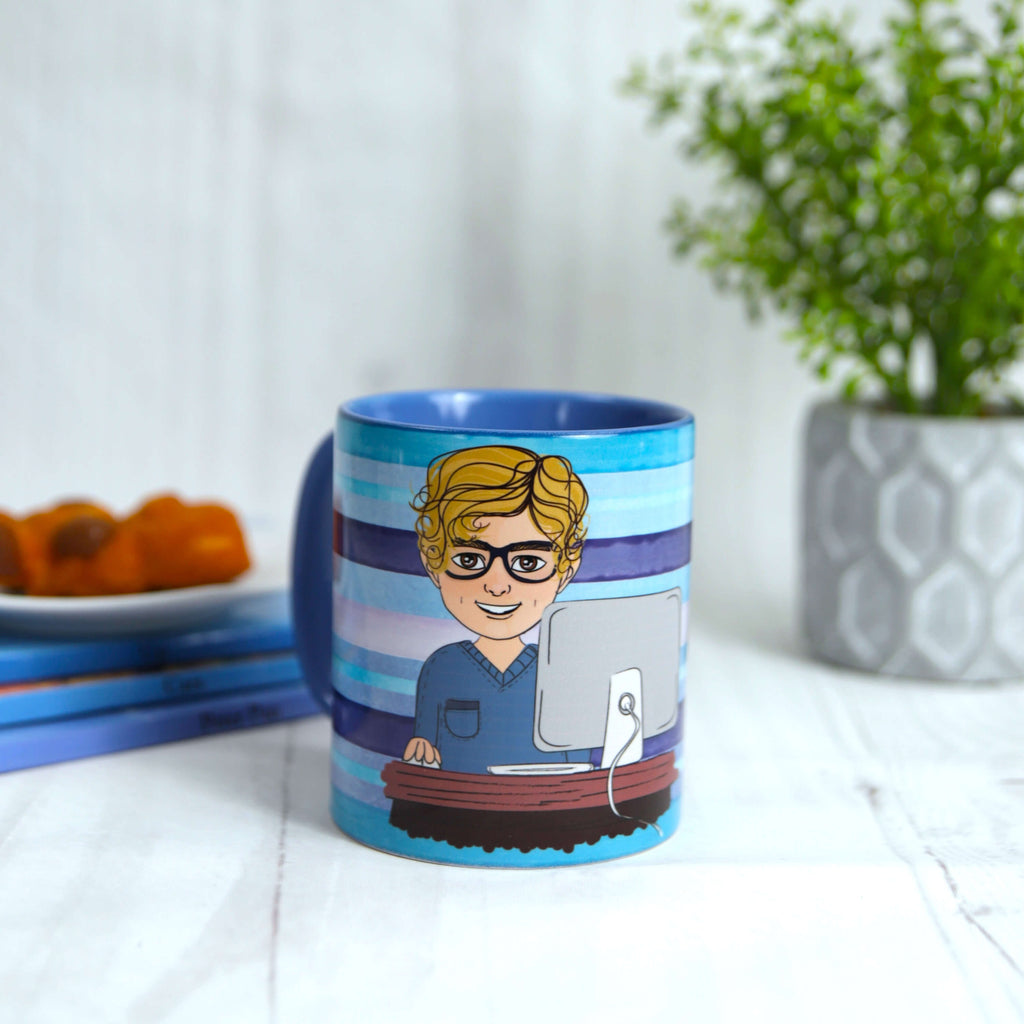 Personalised mug for him with a customised cartoon in blue stripes pattern