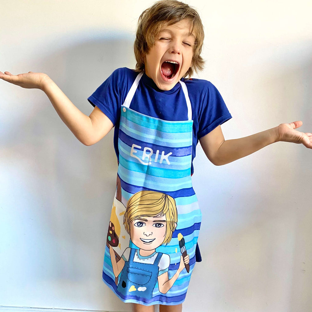 Personalised children apron with customised Painting cartoon theme in blue stripes pattern