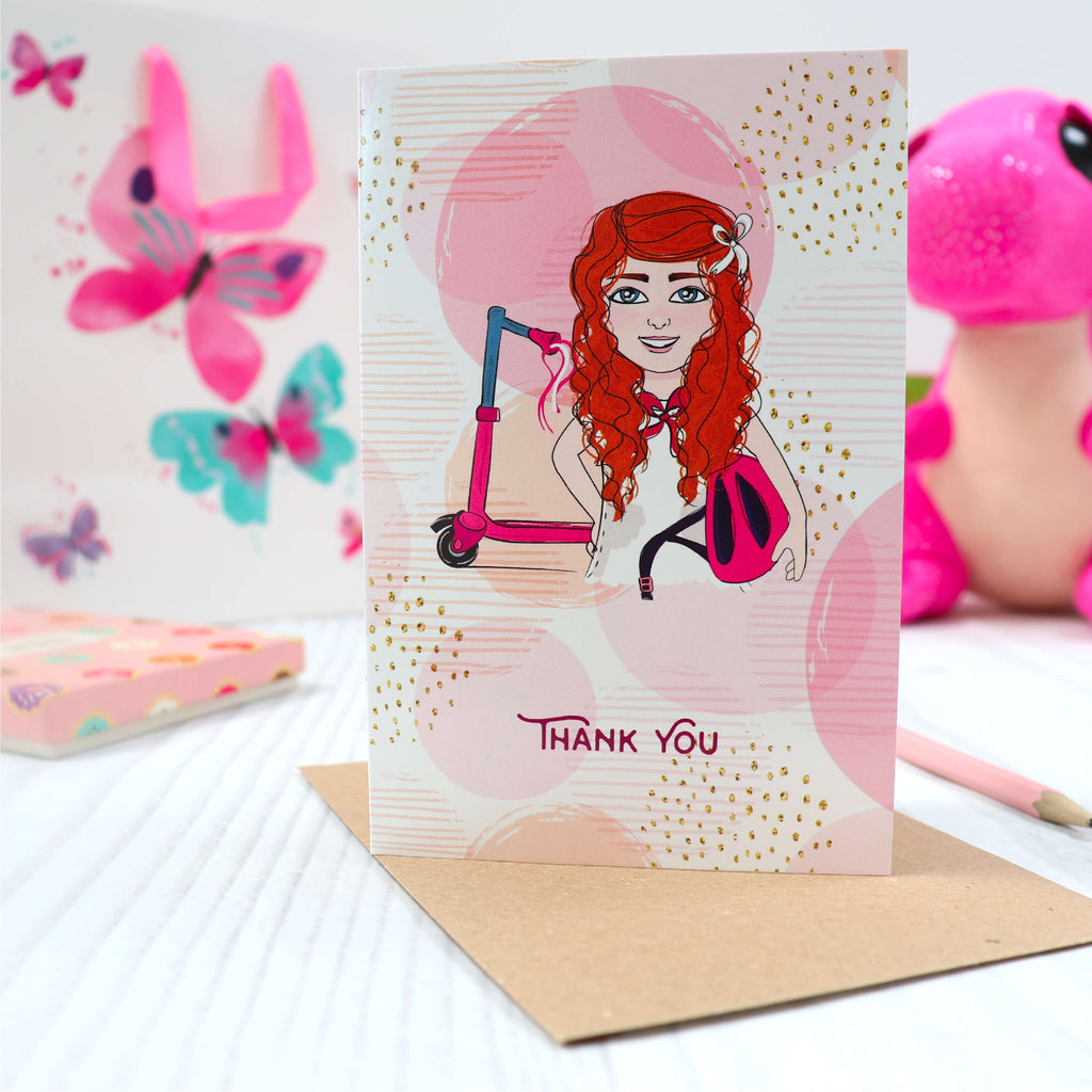 Personalised greeting card with customised cartoon in pink circles pattern