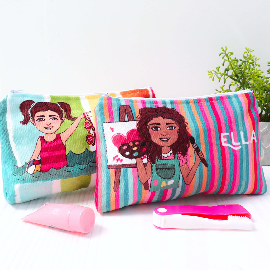 Personalised cosmetic bags with customised cartoons in rainbow pattern and colourful stripe pattern