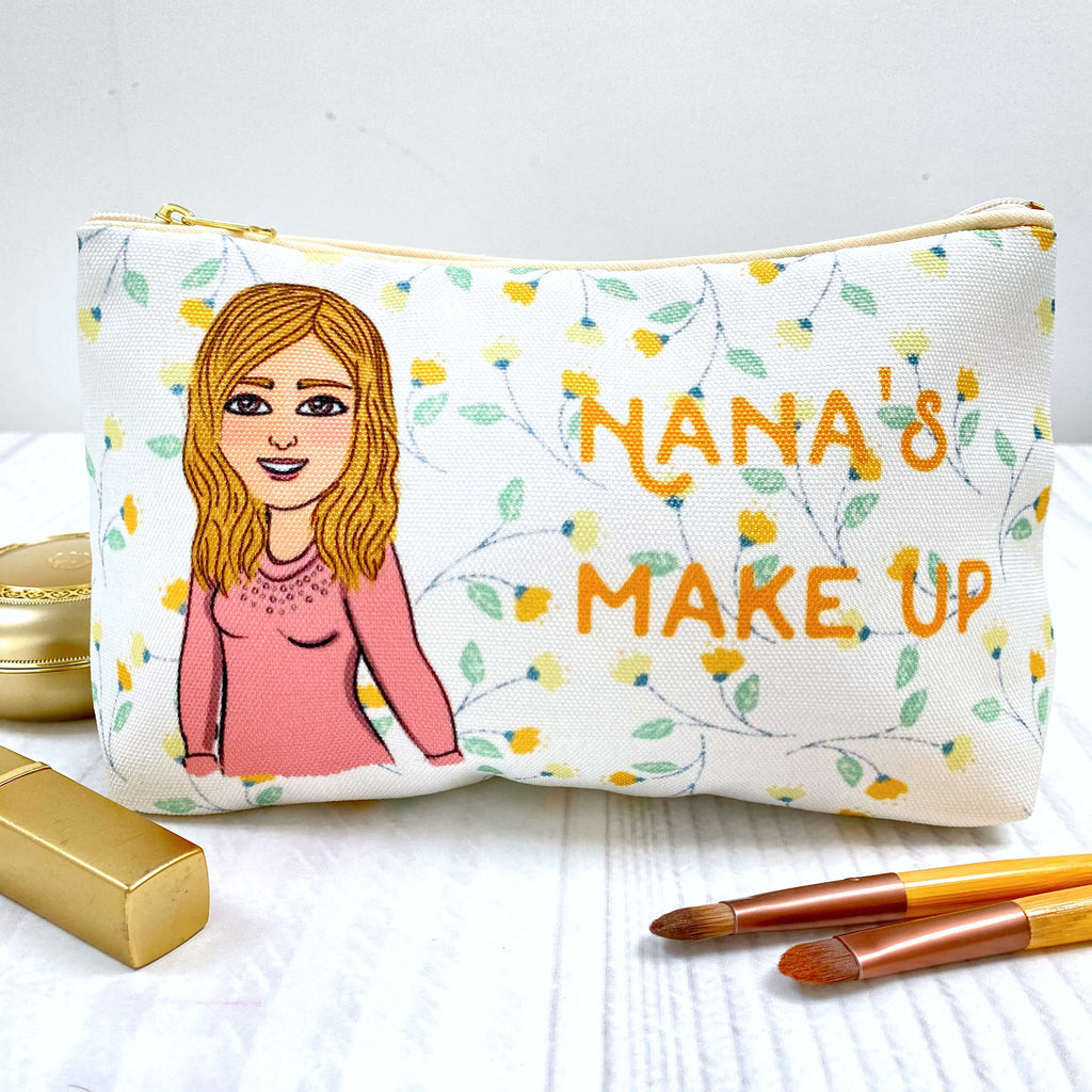 Personalised Cosmetic bag with customised cartoon in yellow flowers pattern