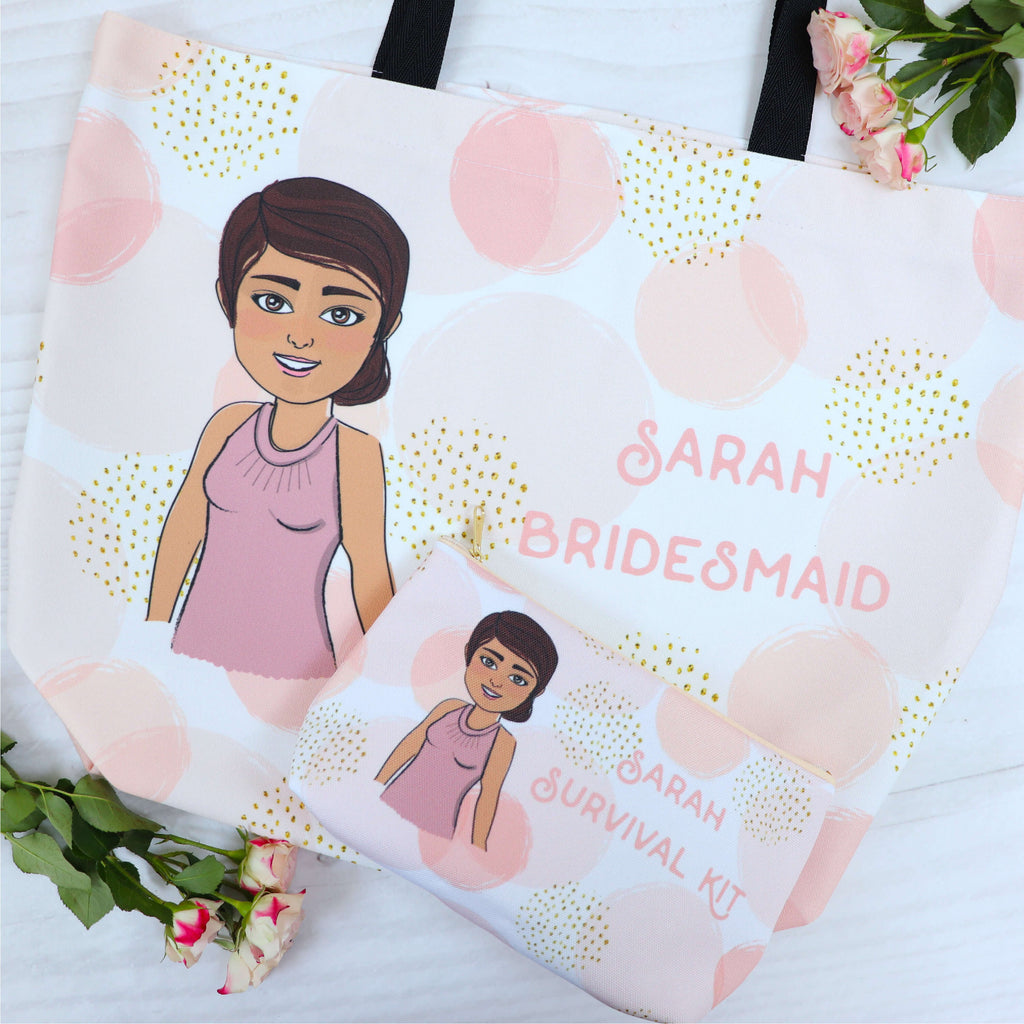 Personalised tote bag and cosmetic bag with customised bridesmaid cartoon in pink circles pattern