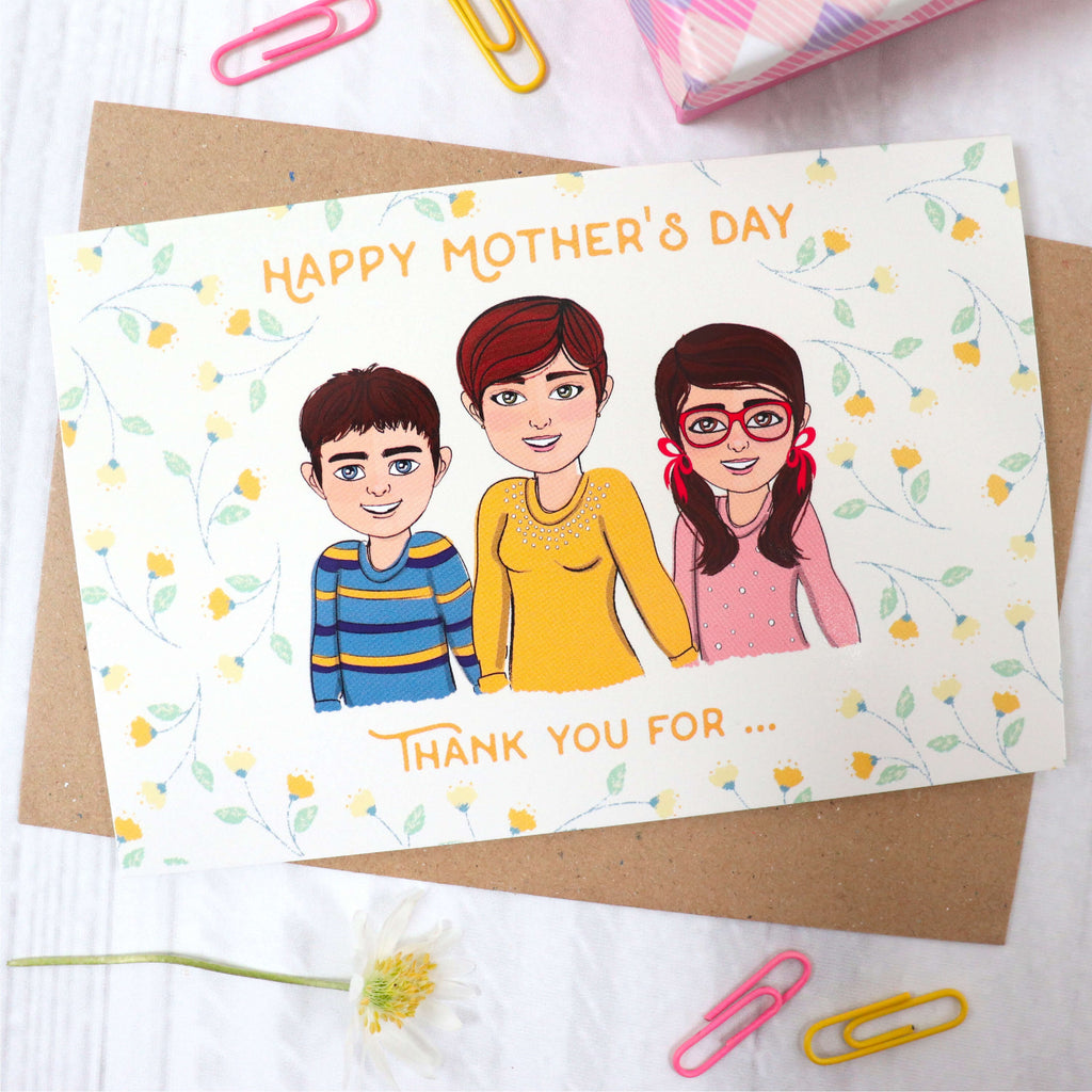 Personalised card with customised mum and children cartoons in yellow flowers pattern