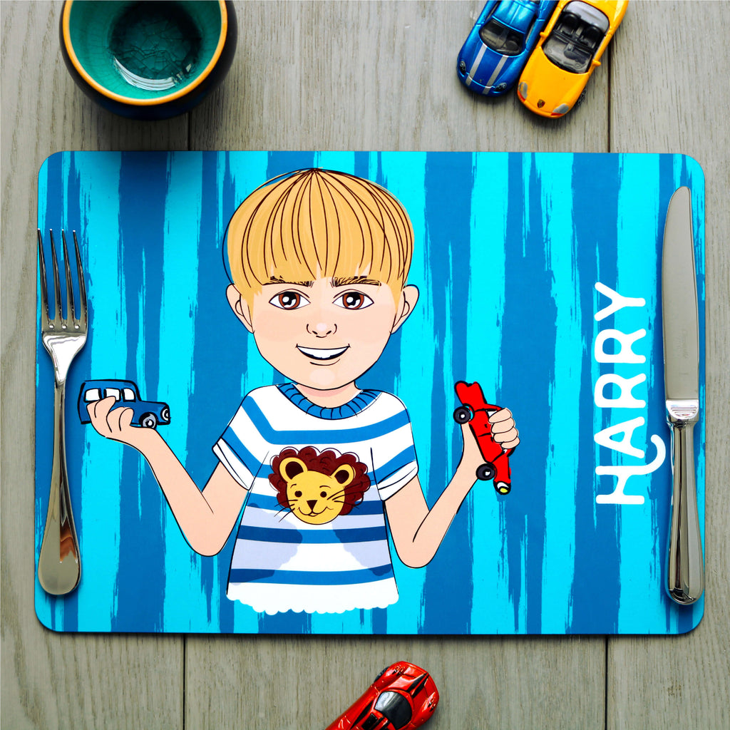 Personalised placemat with customised cartoon playing with cars in aqua blue pattern