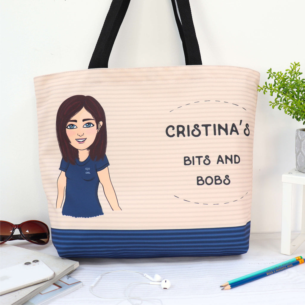 Personalised large tote bag in blue and nude strippy pattern with customised cartoon in blue t-shirt