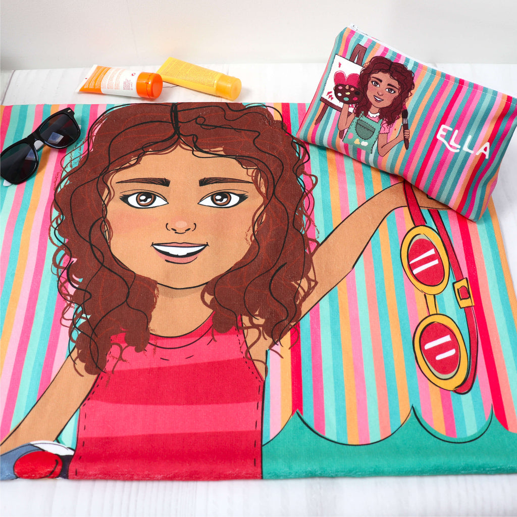 Personalised beach towel and toiletry bag with customised cartoon in colourful stripe pattern
