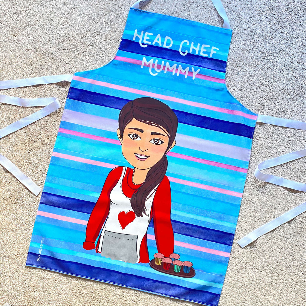 Personalised women apron with a customised cartoon in blue stripes pattern