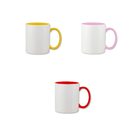 Mug's colours available. Yellow, pink and red inner and handle