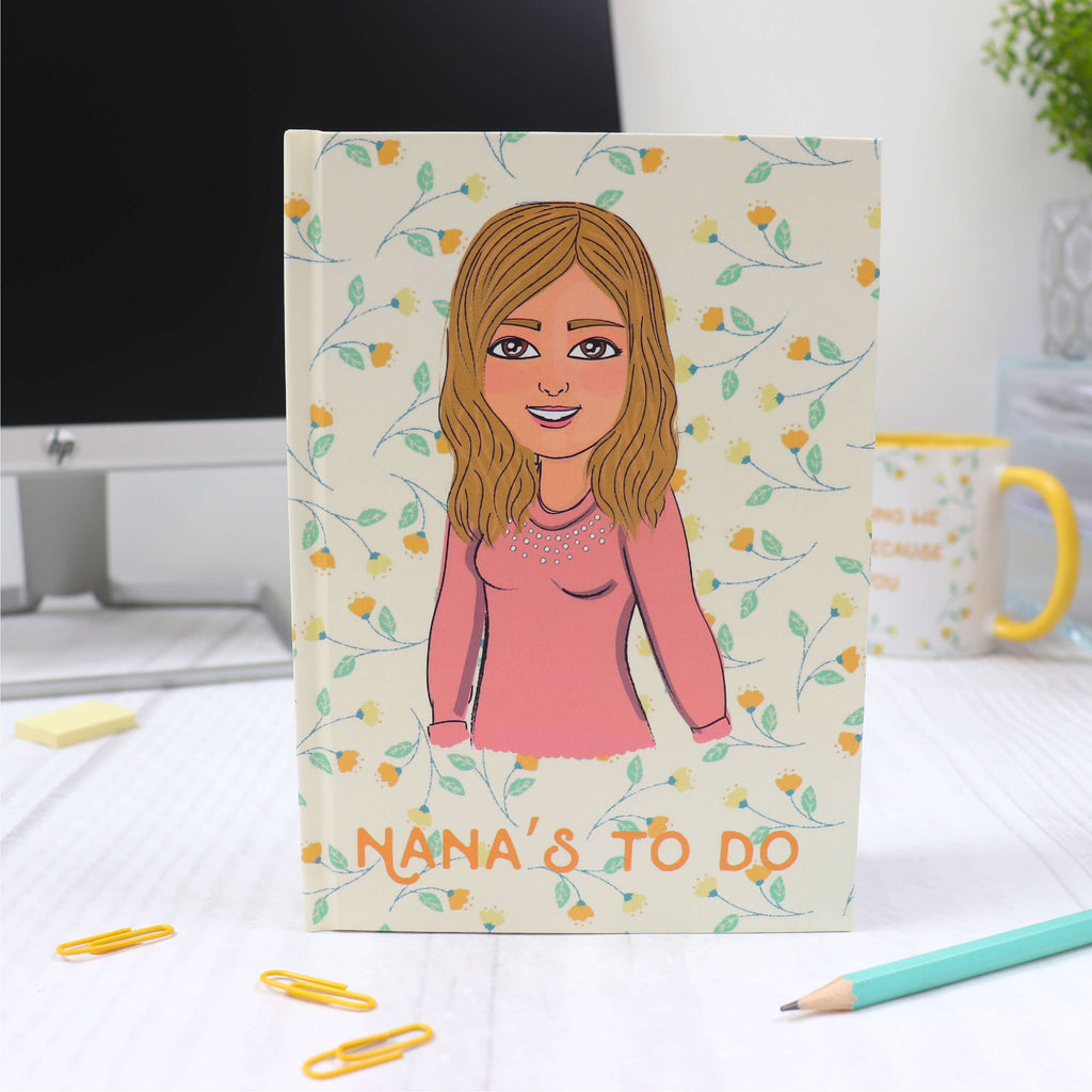 Personalised notebook with customised cartoon in yellow flower pattern